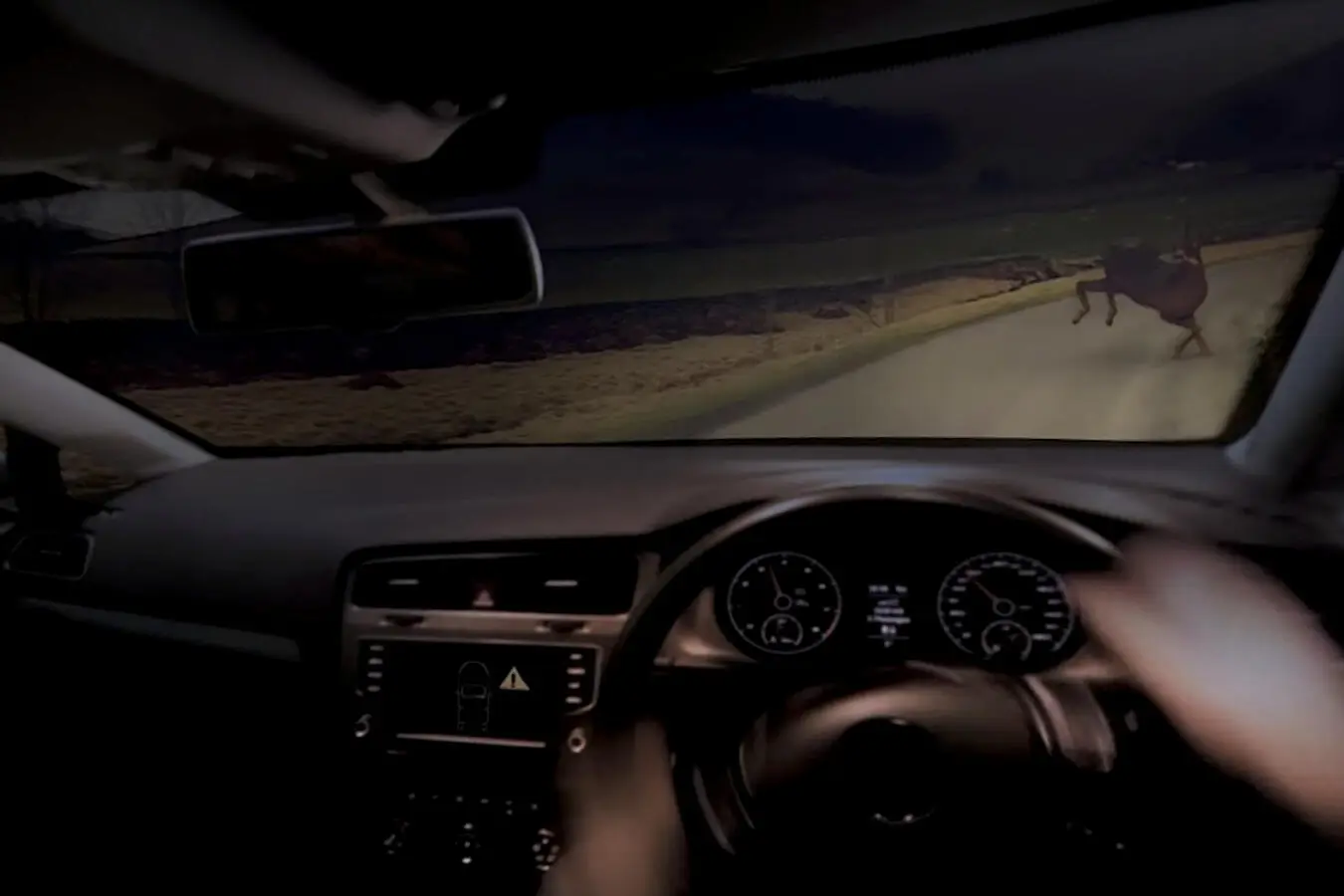 The driver’s view in the film: hands on the wheel on a country road at night, as a deer leaps across in front of the car