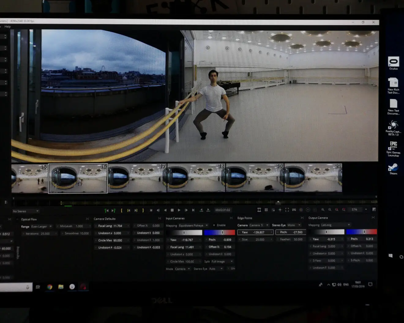 A 360 stitching project on a monitor: a dancer at a barre in a rehearsal studio, with each camera's view in a strip below