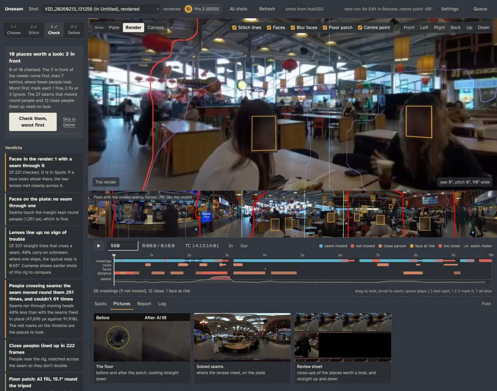 Unseam checking a 360 shot of a food hall: the places worth a look and the verdicts on the left, the picture with its seams and face boxes, a strip of the whole scene, and a timeline marking where people crossed seams, how close they came, and the seam meter. Faces are blurred.