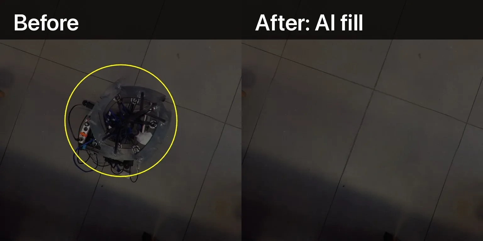Looking straight down from the camera: before, the tripod and its cables in the middle of a tiled floor; after, the floor painted in with no sign of the rig